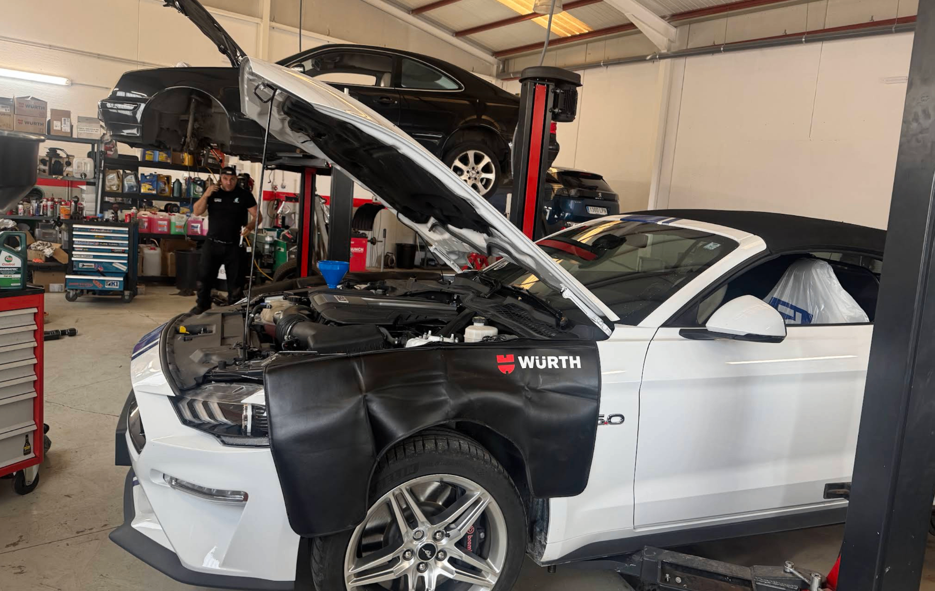 Ford Mustang GT being serviced